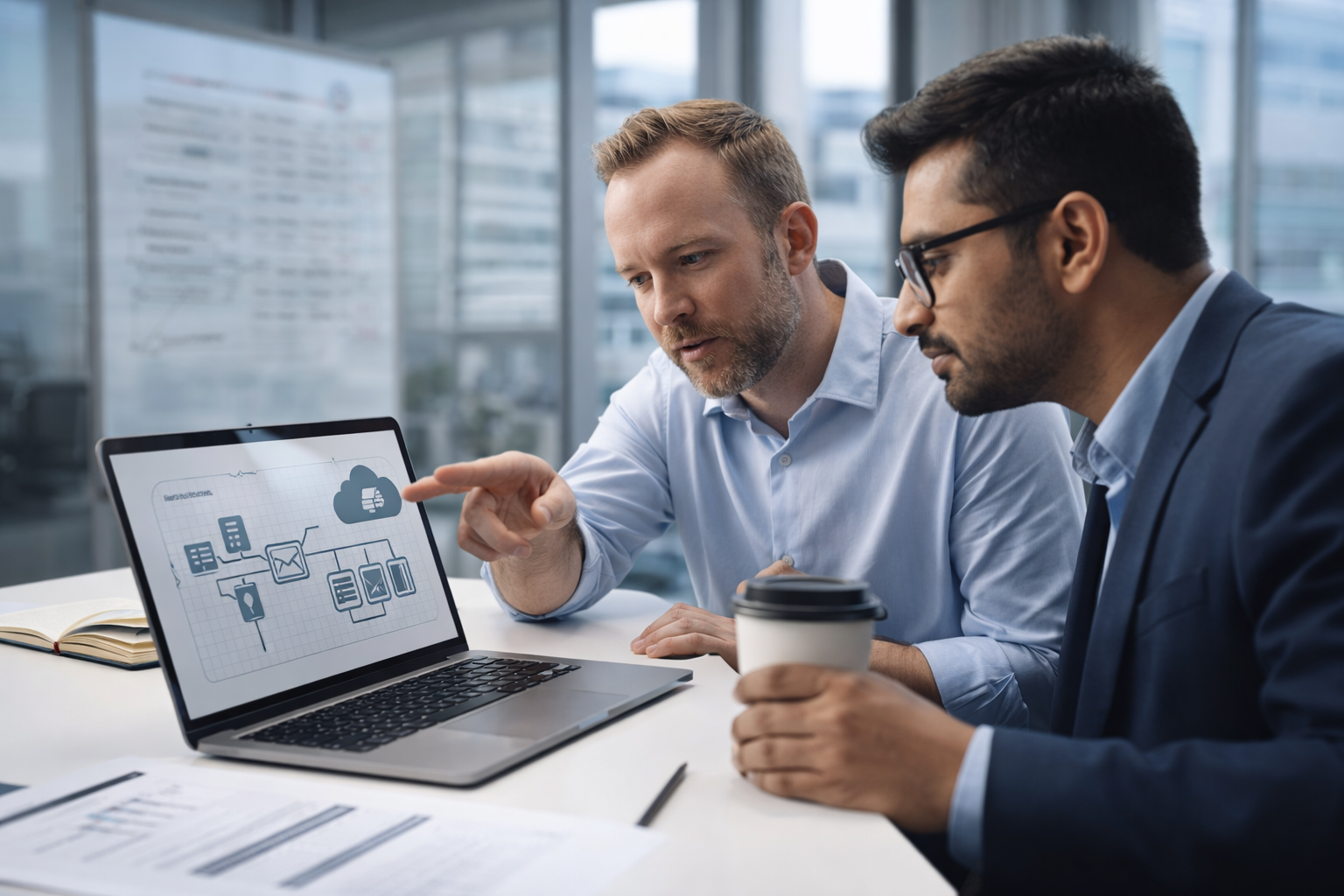 Professionals discussing technical architecture and planning